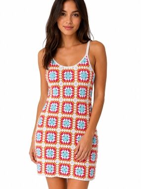 Willow & Wind Crochet Granny Square Mini Dress Size Small Lined Boho festival